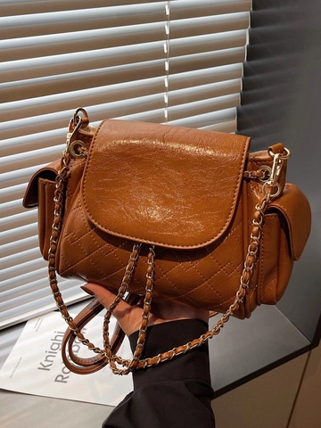 Damen Gesteppter PU-Leder Mini Rucksack Mit Metallkette Retro Rautenmuster Kleine Schultertasche Mode Umhängetasche