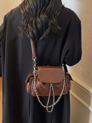 Damen Gesteppter PU-Leder Mini Rucksack Mit Metallkette Retro Rautenmuster Kleine Schultertasche Mode Umhängetasche