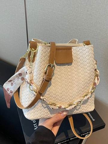 Women Woven Bucket Bag PU Leather Checkerboard Shoulder Crossbody Bag With Silk Scarf Chain Handle Fashion Handbag Purse