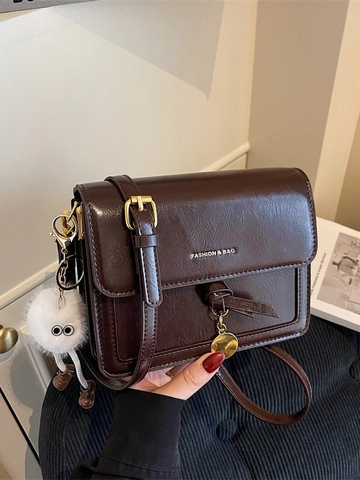 Borsa a Tracolla Quadrata Piccola in Pelle PU Vintage da Donna Borsa a Spalla Minimalista Urbana Con Portachiavi a Mostro di Peluche
