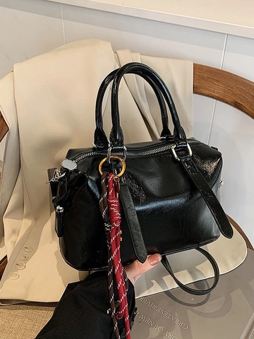 Bolso Boston de Cuero PU Retro para Mujer Bolso de Mano Clásico con Cremallera y Correa Ajustable Bolso de Mano Decorativo de Moda
