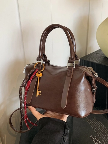 Bolso Boston de Cuero PU Retro para Mujer Bolso de Mano Clásico con Cremallera y Correa Ajustable Bolso de Mano Decorativo de Moda