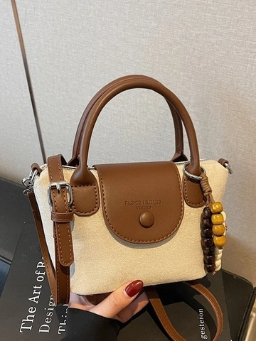 Bolso de Cubo de Cuero de Gamuza de Bloque de Color Vintage Para Mujeres Bolso de Mano Casual Con Amuleto de Cuentas de Madera Étnicas