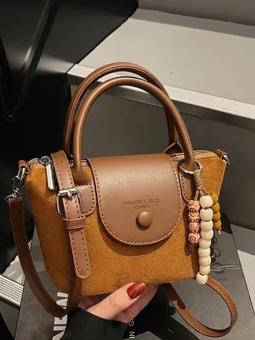 Bolso de Cubo de Cuero de Gamuza de Bloque de Color Vintage Para Mujeres Bolso de Mano Casual Con Amuleto de Cuentas de Madera Étnicas