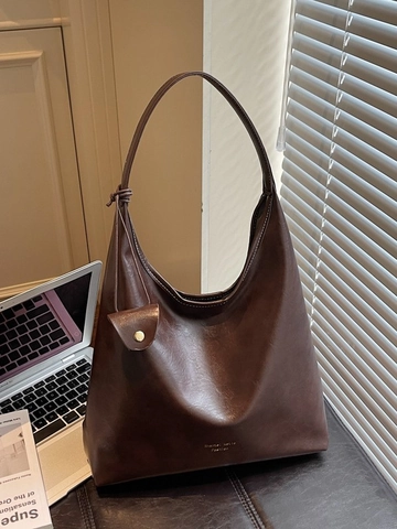 Women Large Capacity PU Leather Bucket Tote Bag Street Fashion Commuter Shoulder Bag With Detachable Pouch Minimalist Purse