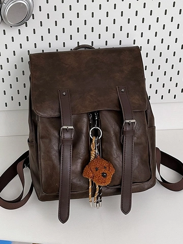Retro PU Leather Backpack For Women Large Capacity Fashion School Bag With Plush Bear Charm Travel Commuting Rucksack