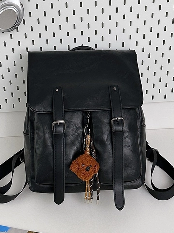 Retro PU Leather Backpack For Women Large Capacity Fashion School Bag With Plush Bear Charm Travel Commuting Rucksack