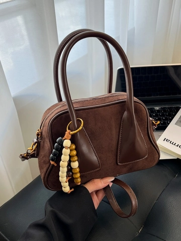 Bolso Boston Vintage de Ante para Mujer Color en Contraste Esmerilado Bolso de Hombro Con Dije de Cuentas Bolso Retro para Mujer
