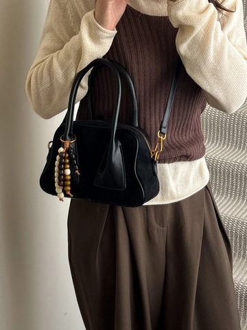 Bolso Boston Vintage de Ante para Mujer Color en Contraste Esmerilado Bolso de Hombro Con Dije de Cuentas Bolso Retro para Mujer