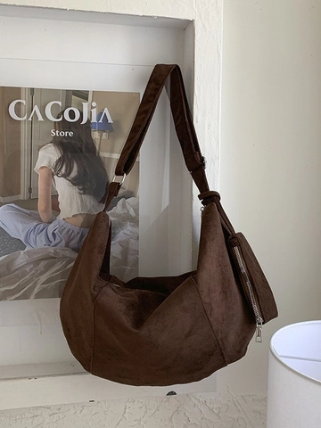 Women Suede Hobo Bag Large Capacity Shoulder Bag With Matching Pouch Minimalist Solid Color Commuter Tote Handbag