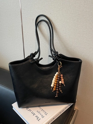 Borsa Tote Vintage in Pelle PU per Donna Borsa a Tracolla Minimalista Sottobraccio ad Alta Capacità Con Pendente in Perline