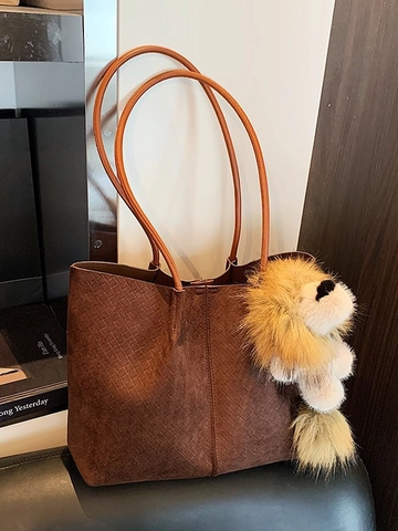 Große Kapazität Geflochtene Tote Bag Für Damen PU Leder Wildleder Textur Handtasche Mit Löwe Anhänger Vintage Schultertasche