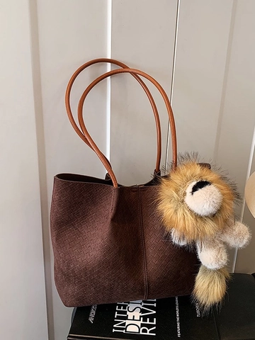 Große Kapazität Geflochtene Tote Bag Für Damen PU Leder Wildleder Textur Handtasche Mit Löwe Anhänger Vintage Schultertasche