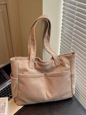 Bolso Tote de Pana para Mujer Gran Capacidad Bolso de Hombro para Conmuta Múltiples Bolsillos Color Sólido Vintage Casual para Escuela