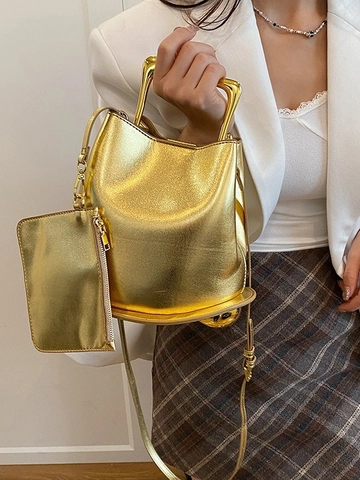Borsa a Secchiello in Pelle PU da Donna di Moda Borsa a Mano con Manico in Metallo Minimalista Borsa a Tracolla Pendolare Tote a Grande Capacità