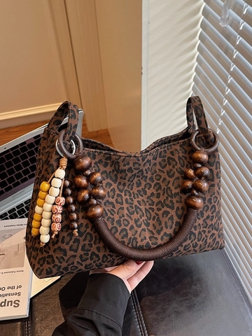 Vintage Leopard Print Suede Tote Bag With Wooden Bead Handle Women Retro Shoulder Bag Beaded Tassel Charm Large Capacity Handbag