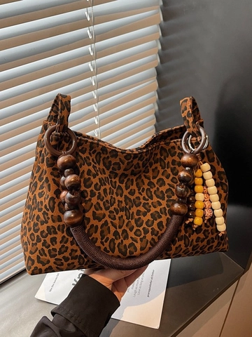 Vintage Leopard Print Suede Tote Bag With Wooden Bead Handle Women Retro Shoulder Bag Beaded Tassel Charm Large Capacity Handbag