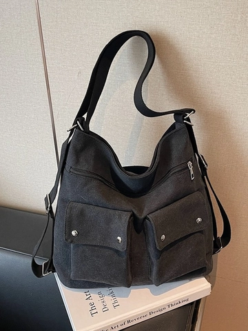 Sac Fourre-tout en Toile pour Femmes Grande Capacité Style Travail Sac à Bandoulière Avec Multi Poches Sangle Réglable
