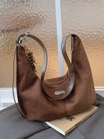 Retro PU Leather Hobo Bag Women Large Capacity Commuter Shoulder Crossbody Bag With Wood Bead Tassel Decoration Dumpling Bag
