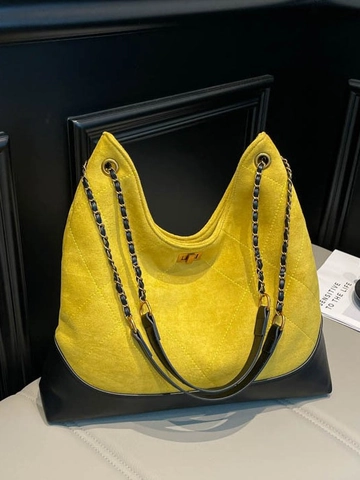 Women Quilted Suede PU Splicing Bucket Bag Large Capacity Hobo Tote Metal Chain Strap Twist Lock Daily Commuting Shoulder Bag