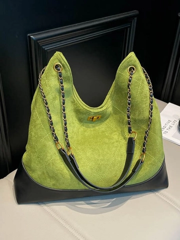 Women Quilted Suede PU Splicing Bucket Bag Large Capacity Hobo Tote Metal Chain Strap Twist Lock Daily Commuting Shoulder Bag
