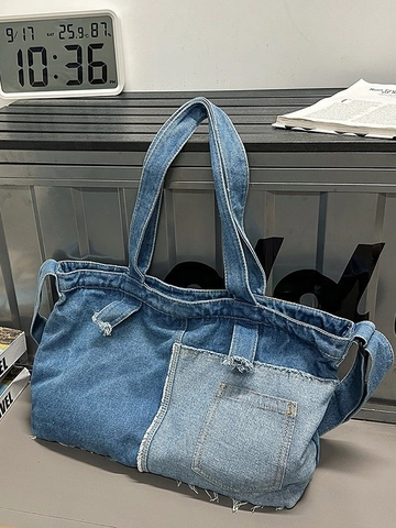 Große Kapazität Patchwork Jeans Tragetasche Retro Ausgefranste Kante Schultertasche Umhängetasche Für Damen Casual Alltag Tasche