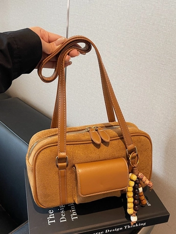 Vintage PU Wildleder Optik Unterarmtasche Damen Retro Große Kapazität Tote Mit Holzperlen Anhänger Mode Pendler Schultertasche