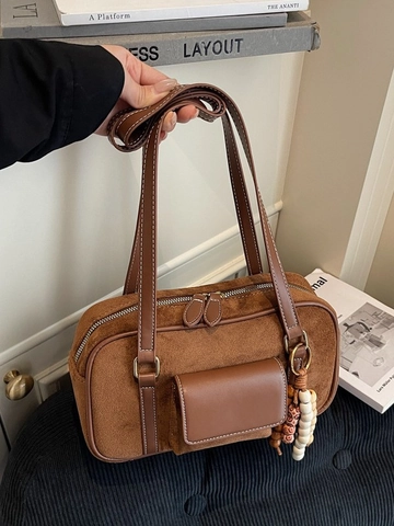 Vintage PU Wildleder Optik Unterarmtasche Damen Retro Große Kapazität Tote Mit Holzperlen Anhänger Mode Pendler Schultertasche