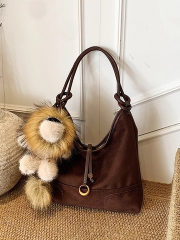 Women Large Capacity Faux Suede Tote Bag Minimalist Commuter Shoulder Bag With Lion Plush Charm Elegant Solid Color Handbag