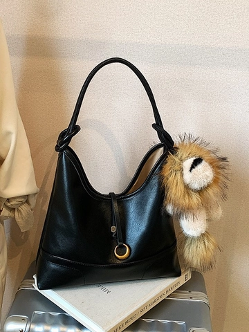 Women Large Capacity Faux Suede Tote Bag Minimalist Commuter Shoulder Bag With Lion Plush Charm Elegant Solid Color Handbag