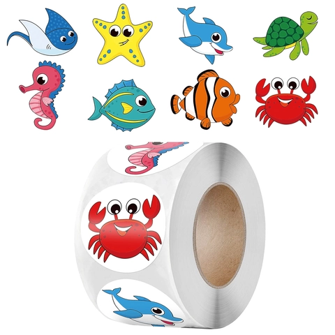 Adesivi Animali Marini Cartone Animato per Bambini Premio Aula Insegnante Carta Patinata Tema Vita Oceanica Etichette Scrapbooking