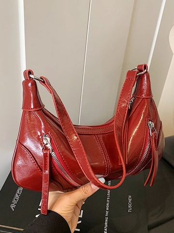 Borsa Sottobraccio in Pelle PU Vintage Donna Stile Motociclista Lucida Borsa a Spalla Con Cerniera Argento Mezzaluna Hobo Pendolare