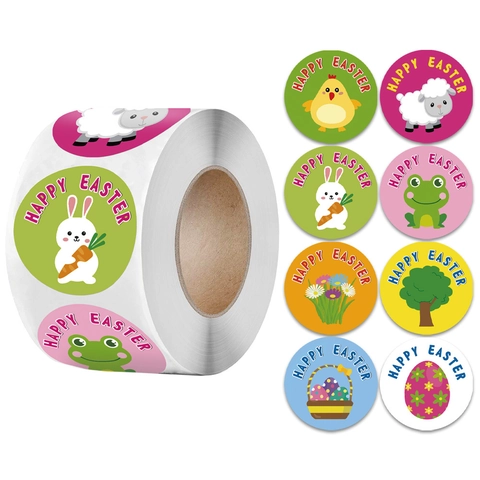 Round Happy Easter Theme Cartoon Rabbit Egg Chick Pattern Sticker For Kids DIY Craft Decoration Multi Color Self Adhesive Label