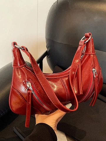 Borsa Sottobraccio in Pelle PU Vintage Donna Stile Motociclista Lucida Borsa a Spalla Con Cerniera Argento Mezzaluna Hobo Pendolare