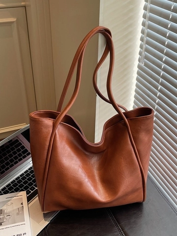 Large Capacity PU Leather Tote Bag For Women Vintage Underarm Shoulder Bag Minimalist Square Handbag For Daily Office Travel Commute