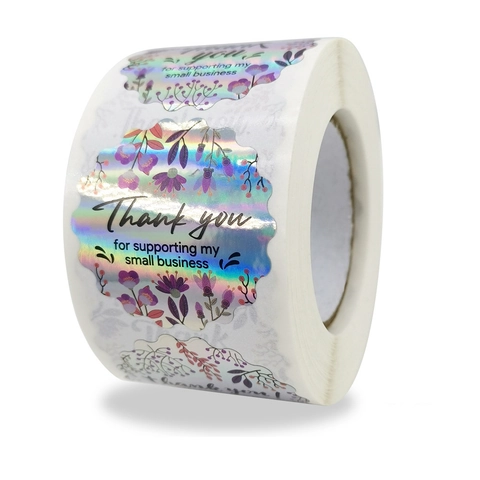 Holographic Thank You For Supporting My Small Business Stickers Floral Laser Scalloped Roll Labels For Gift Packaging