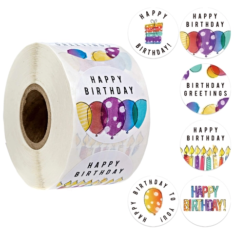 Colorful Happy Birthday Decorative Labels Roll With Balloon Candle Designs For Gift Wrapping Party Favors Sealing Stickers