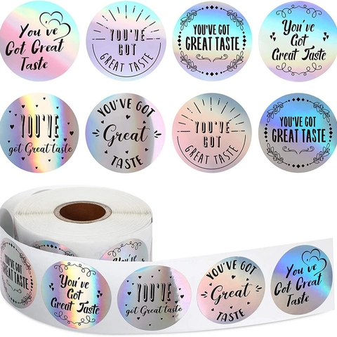 500 Pezzi Rotolo Adesivi Olografici Arcobaleno Thank You You've Got Great Taste Etichette Laser Per Confezioni Regalo Aziendali