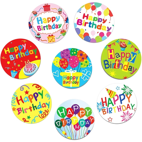 Happy Birthday Round Label Stickers Cartoon Colorful Adhesive Decals For Party Gift Decoration Sealing Coated Paper Sticker