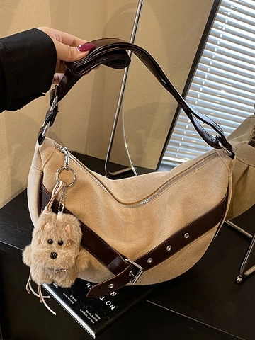 Fashion Suede PU Leather Hobo Bag Women Retro Crescent Crossbody Bag Large Capacity Shoulder Bag With Belt Buckle Daily Use