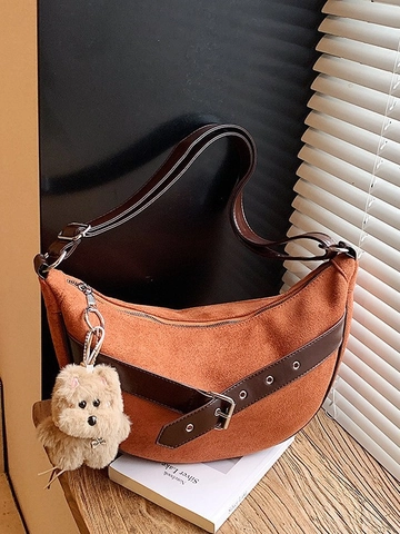 Fashion Suede PU Leather Hobo Bag Women Retro Crescent Crossbody Bag Large Capacity Shoulder Bag With Belt Buckle Daily Use