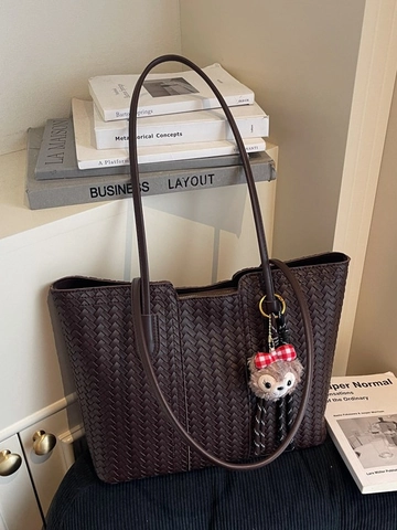 Damen Große Kapazität Gewebte PU Leder Tragetasche Retro Minimalistisch Mode Pendler Umhängetasche Mit Cartoon Plüsch Anhänger