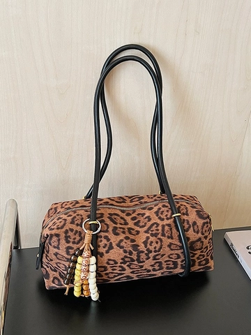 Borsa Sottobraccio a Cilindro con Stampa Leopardata Retrò per Donna in Pelle PU Scamosciata Borsa a Tracolla da Pendolare
