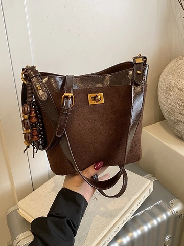 Dames Retro Suède PU Patchwork Emmertas Vintage Contrastkleur Schoudertas Met Houten Kralenhanger Daily Crossbody Tas