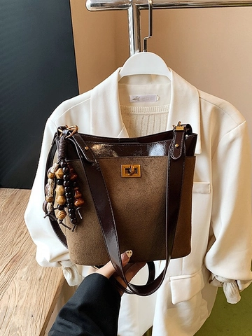 Dames Retro Suède PU Patchwork Emmertas Vintage Contrastkleur Schoudertas Met Houten Kralenhanger Daily Crossbody Tas
