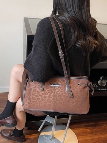 Borsa a Spalla Sottobraccio in Pelle PU con Stampa Leopardata Retro Donna Grande Capacità Urban Semplice Tote Bag Tracolla