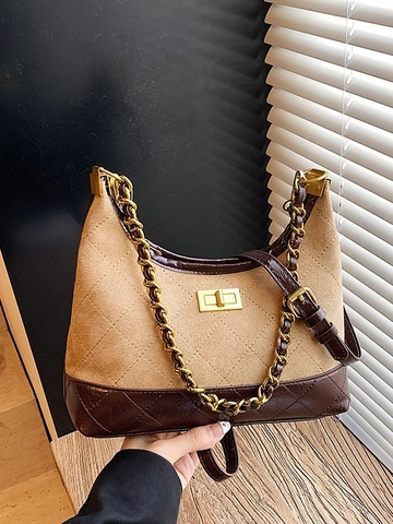 Vintage PU Σουέντ Καπιτονέ Τσάντα Hobo για Γυναίκες Με Αλυσίδα Τσάντα Ώμου Χιαστί Μόδα Casual Patchwork Τσάντα