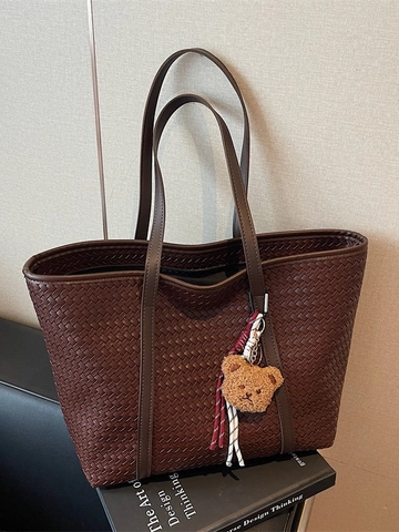 Große Gewebte Tragetasche Für Damen Retro PU Leder Schultertasche Mit Bärenanhänger Vintage Webstruktur Handtasche