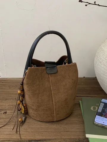 Bolso Cubo Estilo Gamuza PU para Mujer Moda Leopardo Color Sólido Bolso de Mano Con Borla de Cuentas de Madera Bolso de Hombro
