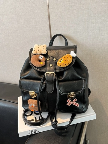 Women Retro Leopard Print PU Leather Backpack Fashion School Bag Mini Commuter Casual Rucksack With Cute Plush Charms
